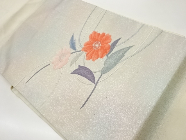 JAPANESE KIMONO / VINTAGE NAGOYA OBI / EMBROIDERY / WOVEN WAVY STRIPE & FLOWER
